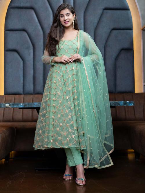 green straight pant suit semi-stitched suit - 18395509 - Very Small Image - 1