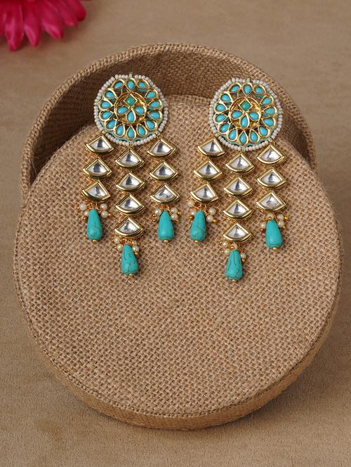 floral gold and blue imitation kundan polki dangler chandelier - 18395637 - Very Small Image - 1