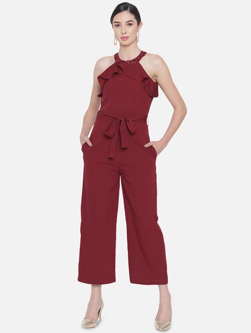 tie front solid full leg jumpsuit - 18396466 - Very Small Image - 1