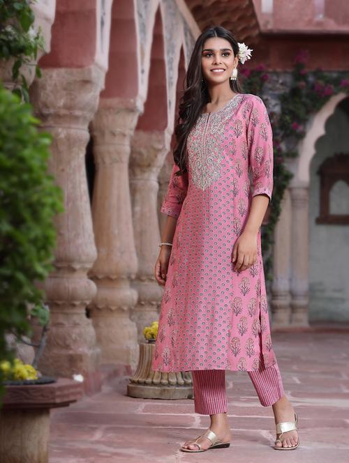pink cotton kurta pant set - 18396785 - Very Small Image - 1