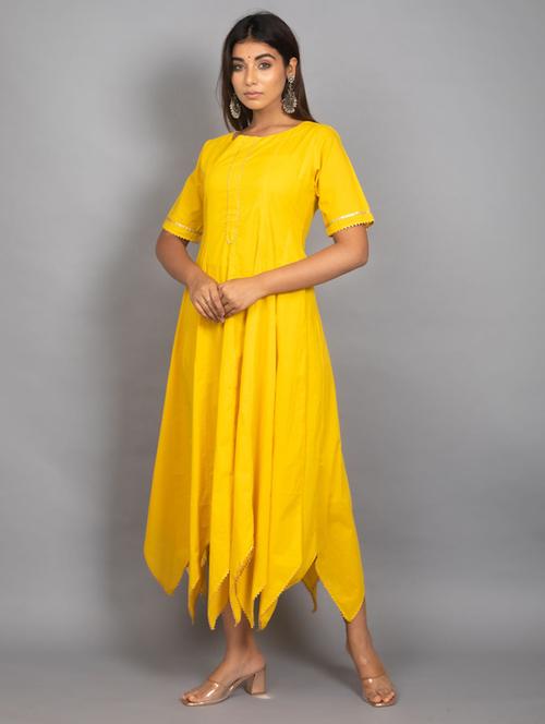 yellow solid asymmetric ethnic dress - 18396935 - Very Small Image - 1