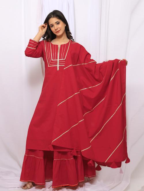 red cotton kurta skirt set - 18396945 - Very Small Image - 1