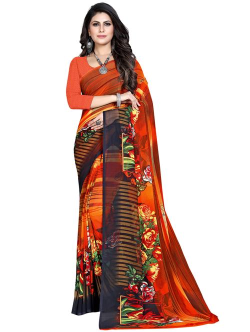 women's printed orange colored saree - 18397277 - Very Small Image - 1