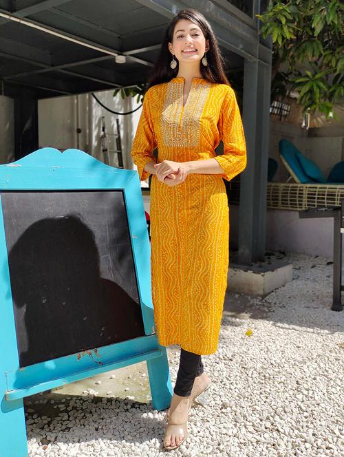 yellow printed a-line kurta - 18397959 - Very Small Image - 1