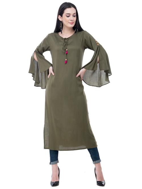 olive solid straight kurta - 18399447 - Very Small Image - 1