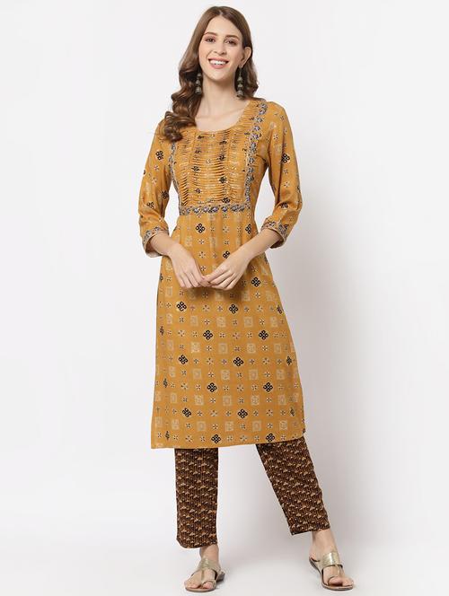 yellow rayon kurta pant set - 18399807 - Very Small Image - 1