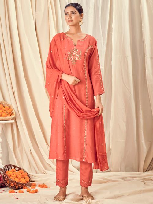 red cotton silk kurta pant set - 18400367 - Very Small Image - 1