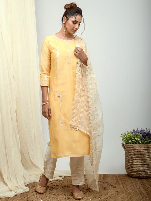 yellow cotton silk kurta pant set - 18400369 - Very Small Image - 1