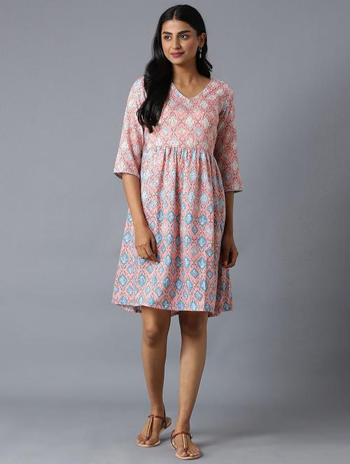 v-neck printed fit & flare ethnic dress - 18400624 - Very Small Image - 1