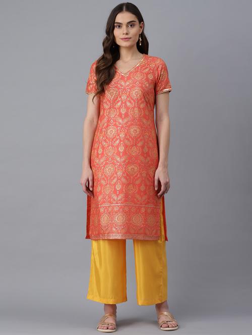 orange cotton blend kurta palazzo set - 18400657 - Very Small Image - 1