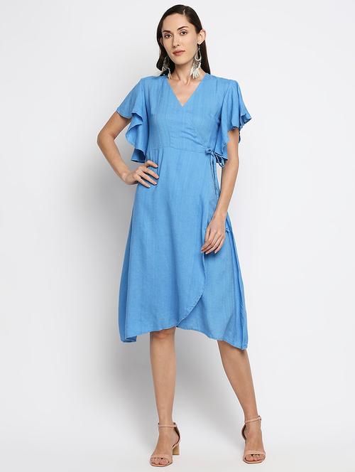 overlap neck solid wrap dress - 18401188 - Very Small Image - 1