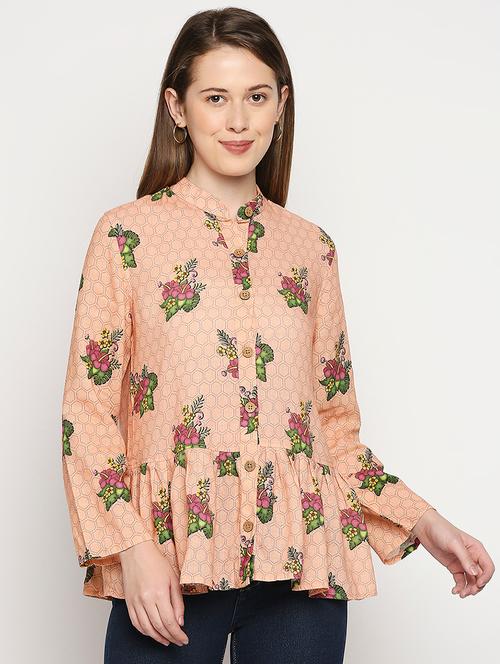 mandarin neck printed peplum top - 18401206 - Very Small Image - 1