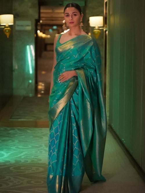 turquoise silk banarasi saree - 18401374 - Very Small Image - 1