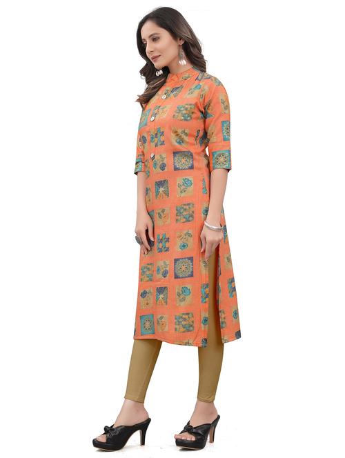 orange printed straight kurta - 18401708 - Very Small Image - 1