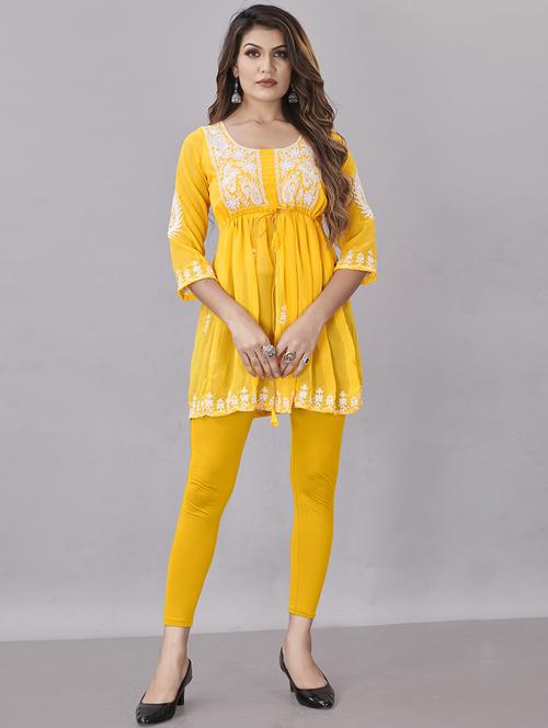 yellow embroidered a-line kurti - 18402149 - Very Small Image - 1