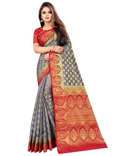 grey silk banarasi saree with blouse - 18402181 - Very Small Image - 1