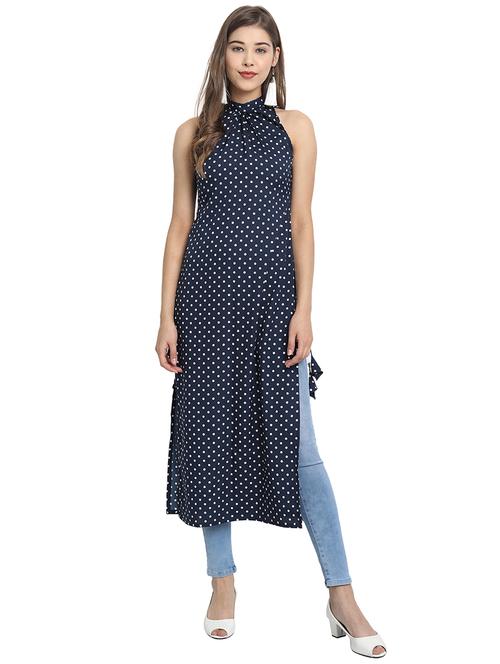 navy polka dots straight kurta - 18402644 - Very Small Image - 1