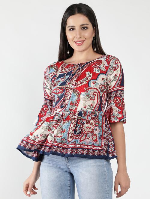 tie up neck printed peplum top - 18402665 - Very Small Image - 1