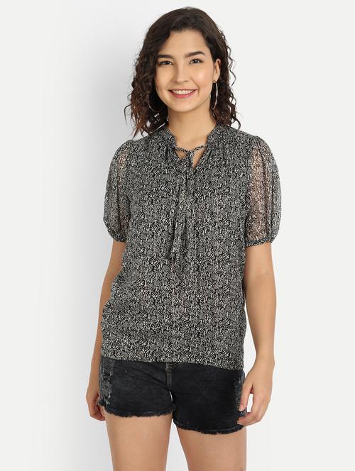 tie up neck printed blouson top - 18402667 - Very Small Image - 1