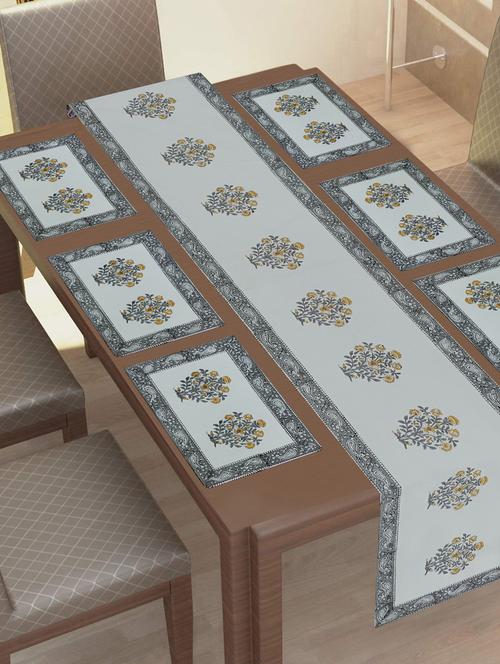 texstylehome thick cotton jaipuri print 6 table mat and 1 runner set(pack of 7 pcs) - 18403055 - Very Small Image - 1