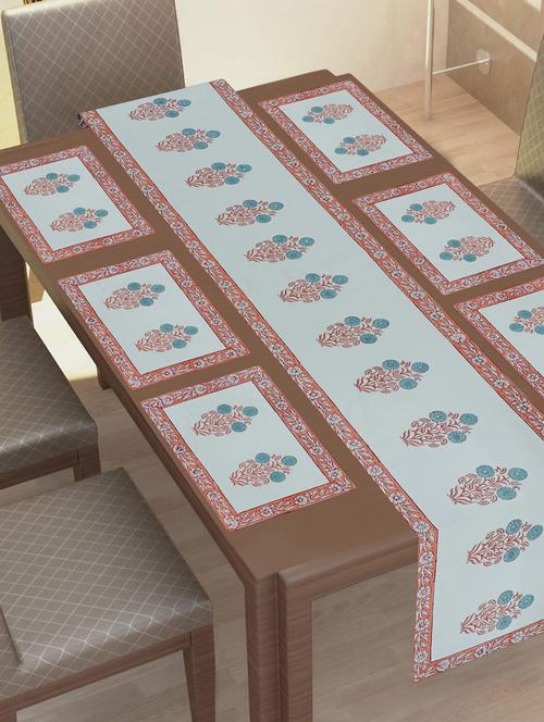 texstylehome thick cotton jaipuri print 6 table mat and 1 runner set(pack of 7 pcs) - 18403061 - Very Small Image - 1