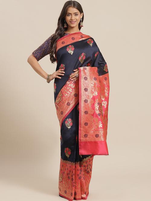 navy silk blend banarasi saree - 18404098 - Very Small Image - 1