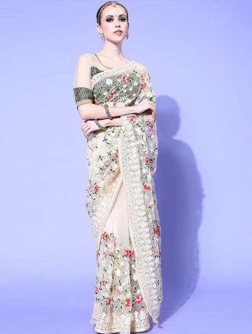 cream embroidered saree with blouse - 18404129 - Very Small Image - 1