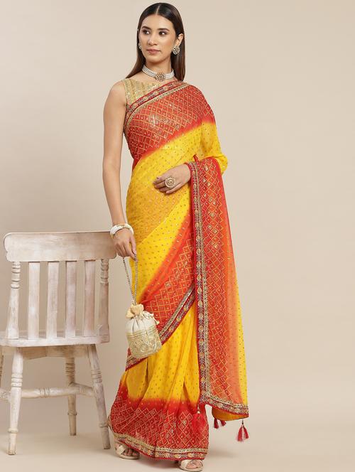 yellow embroidered saree with blouse - 18404146 - Very Small Image - 1