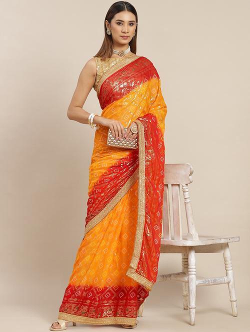 mustard printed saree with blouse - 18404148 - Very Small Image - 1