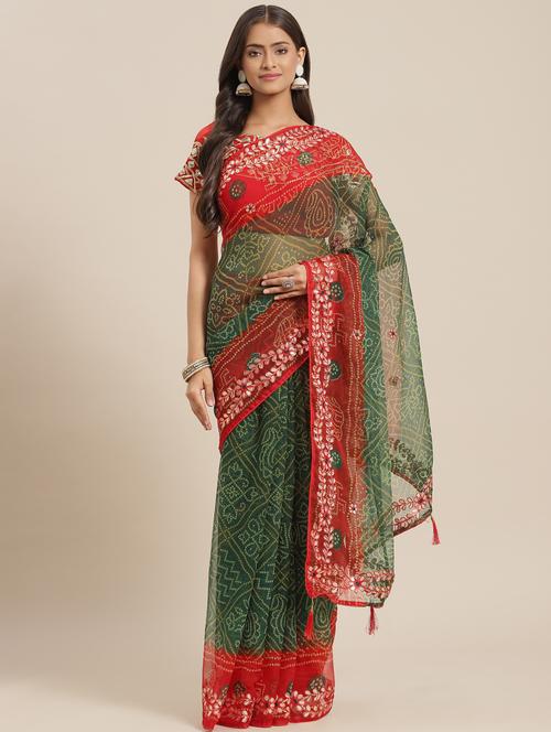 green printed saree - 18404156 - Very Small Image - 1
