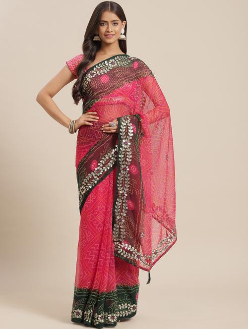 women's bandhani pink colored saree with blouse - 18404157 - Very Small Image - 1