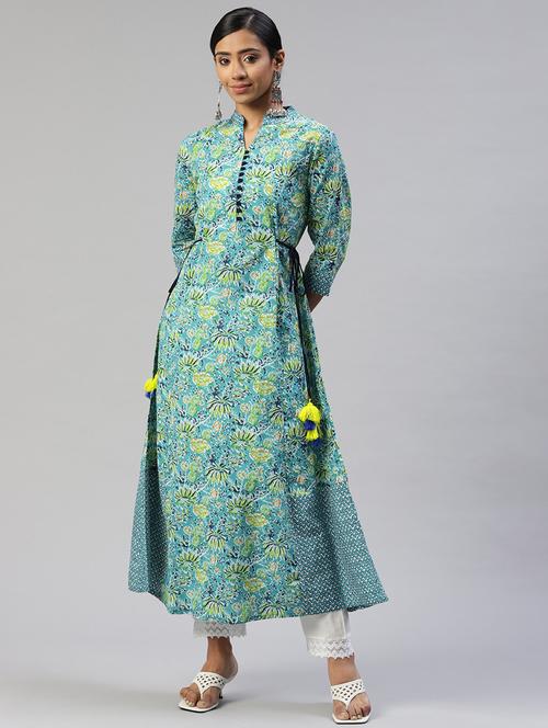 mandarin neck cotton anarkali kurta - 18404790 - Very Small Image - 1