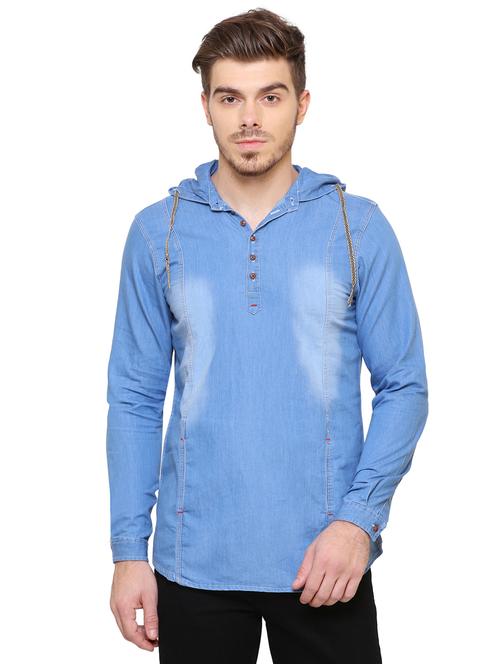 light blue denim solid short kurta - 18405003 - Very Small Image - 1