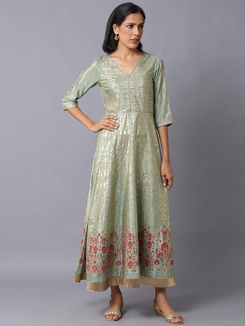 green floral flared ethnic dress - 18406049 - Very Small Image - 1