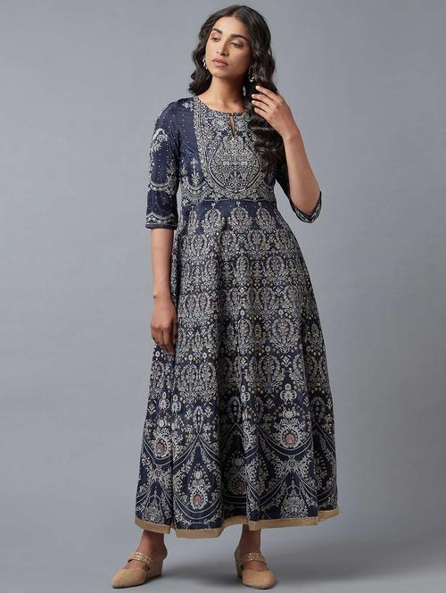 dark blue floral flared ethnic dress - 18406051 - Very Small Image - 1