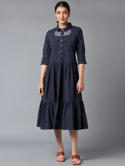 dark blue solid flared ethnic dress - 18406068 - Very Small Image - 1