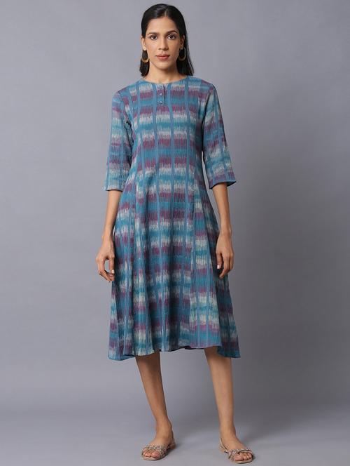 teal ikat a-line ethnic dress - 18406082 - Very Small Image - 1