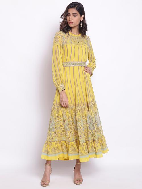 yellow printed a-line ethnic dress - 18406083 - Very Small Image - 1