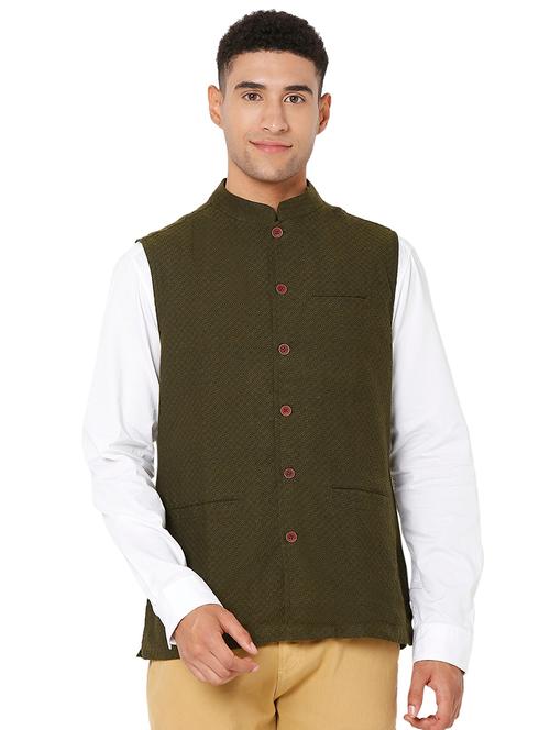olive-green self-designed nehru jacket - 18406131 - Very Small Image - 1