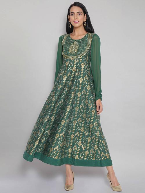green printed flared ethnic dress - 18407032 - Very Small Image - 1