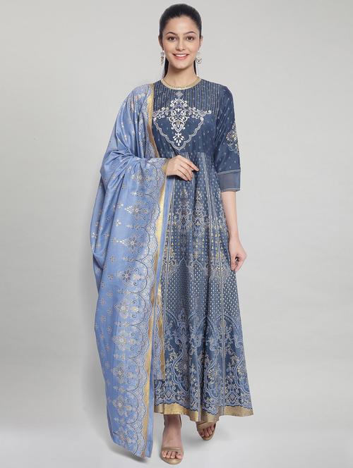 grey printed flared ethnic dress - 18407039 - Very Small Image - 1