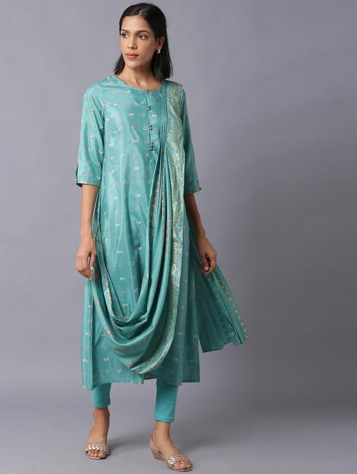 w women green festive floral print shantung kurta with tight - 18407090 - Very Small Image - 1