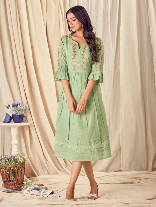 green embroidered a-line ethnic dress - 18407597 - Very Small Image - 1