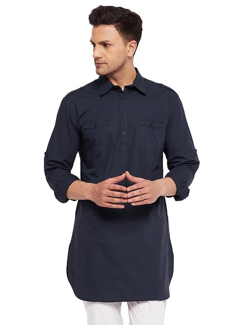 navy blue solid pathani kurta - 18407863 - Very Small Image - 1