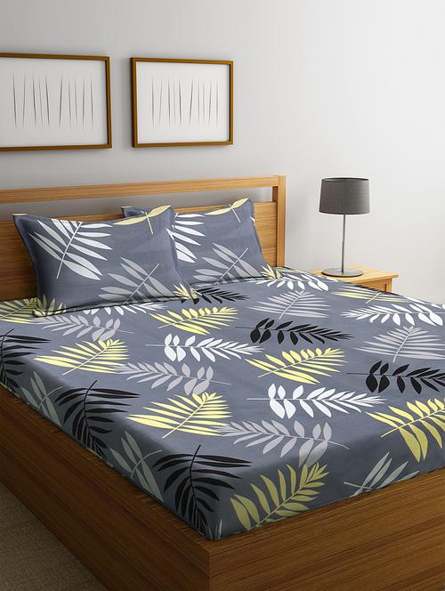klotthe grey floral 210 tc cotton blend elasticated double bedsheet with 2 pillow cover - 18407886 - Very Small Image - 1