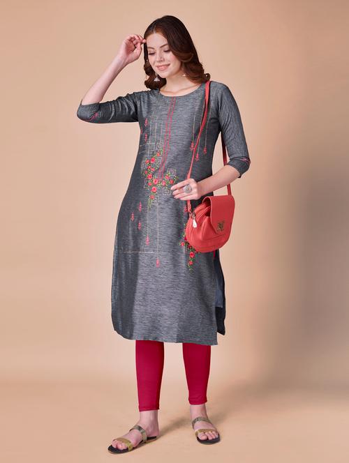 grey embroidered straight kurta - 18407893 - Very Small Image - 1