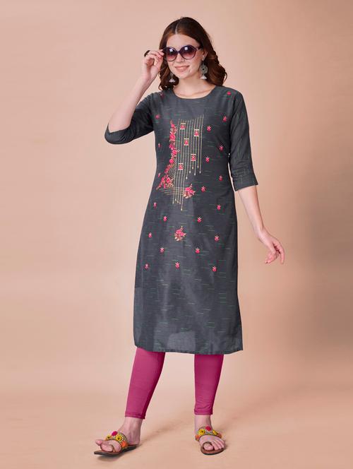 grey embroidered straight kurta - 18407901 - Very Small Image - 1