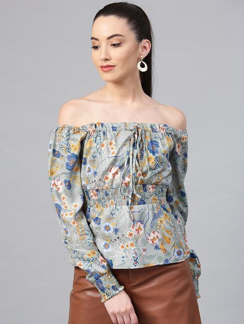 off shoulder printed blouson top - 18408762 - Very Small Image - 1