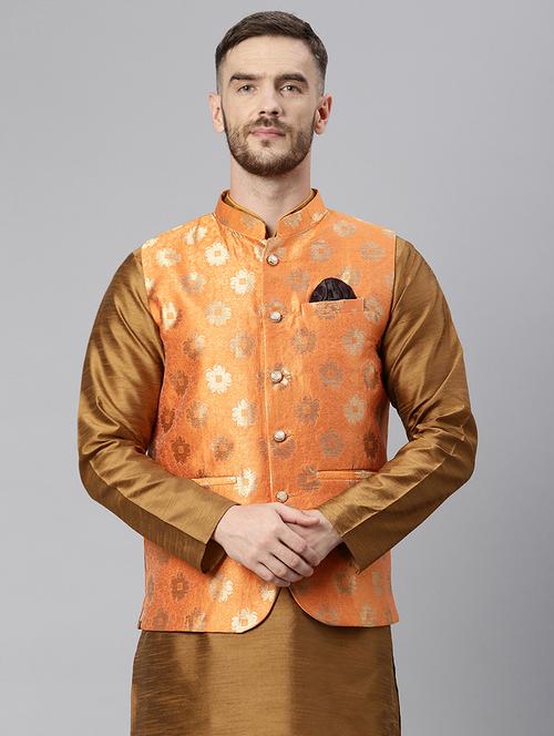 orange self-designed nehru jacket - 18409635 - Very Small Image - 1