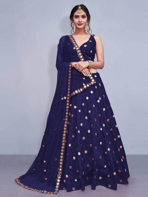 navy blue satin flared lehenga - 18410280 - Very Small Image - 1